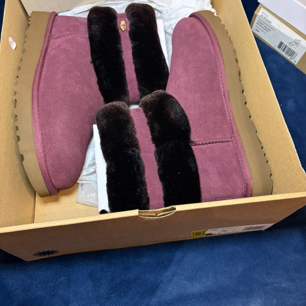 UGG Women's Purple Suede Boots with Black Fur